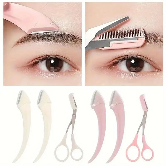 Curved Eyebrow Razor & Trimmer Set — Scissors Comb Brow Shaping Kit