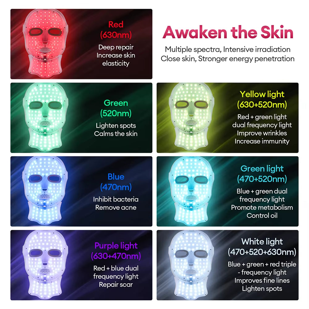 7-Color LED Light Therapy Mask — Rechargeable Face & Neck Skin Lifting Tool