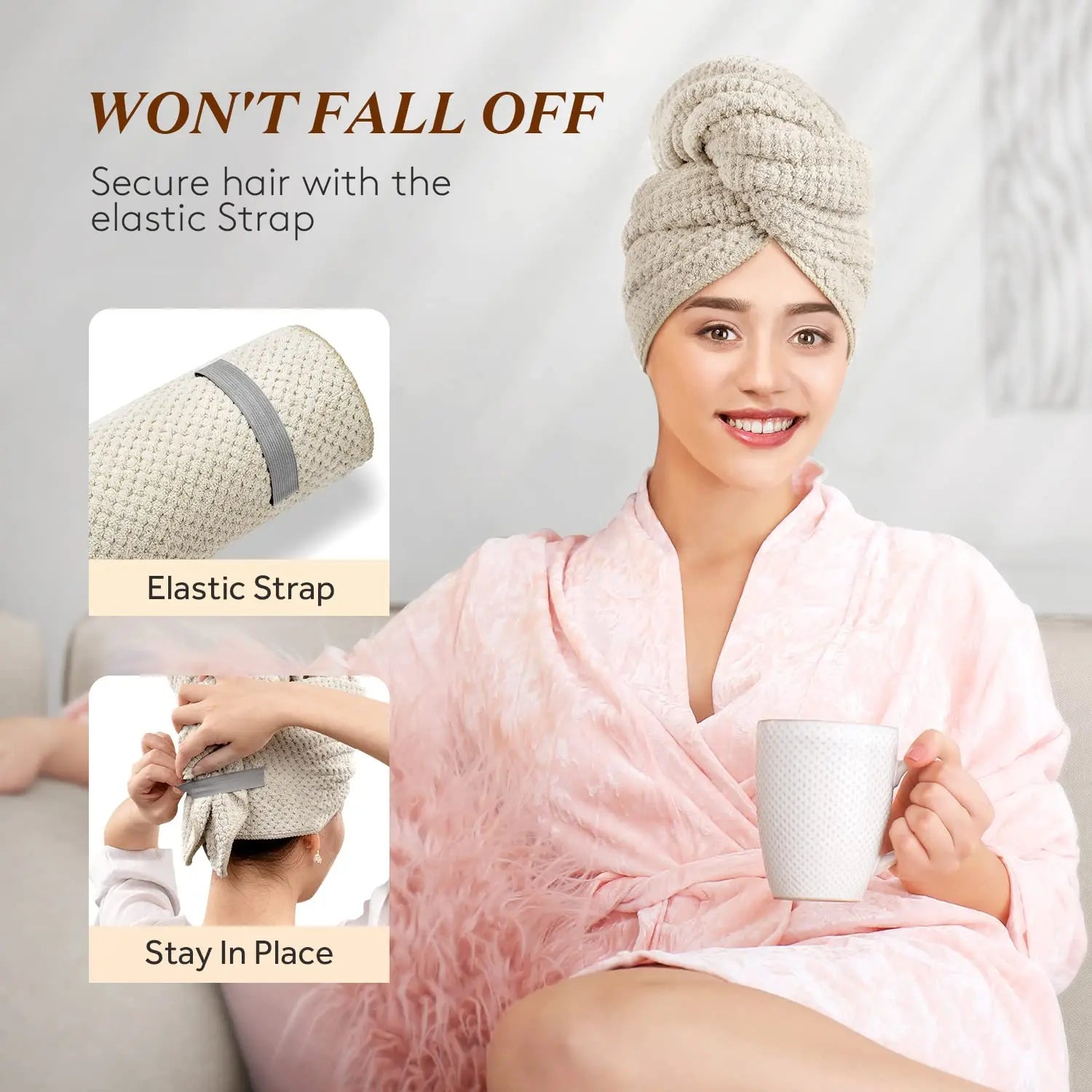 Extra Large Microfiber Hair Towel Wrap – Ultra Absorbent Quick Dry Turban with Elastic Band
