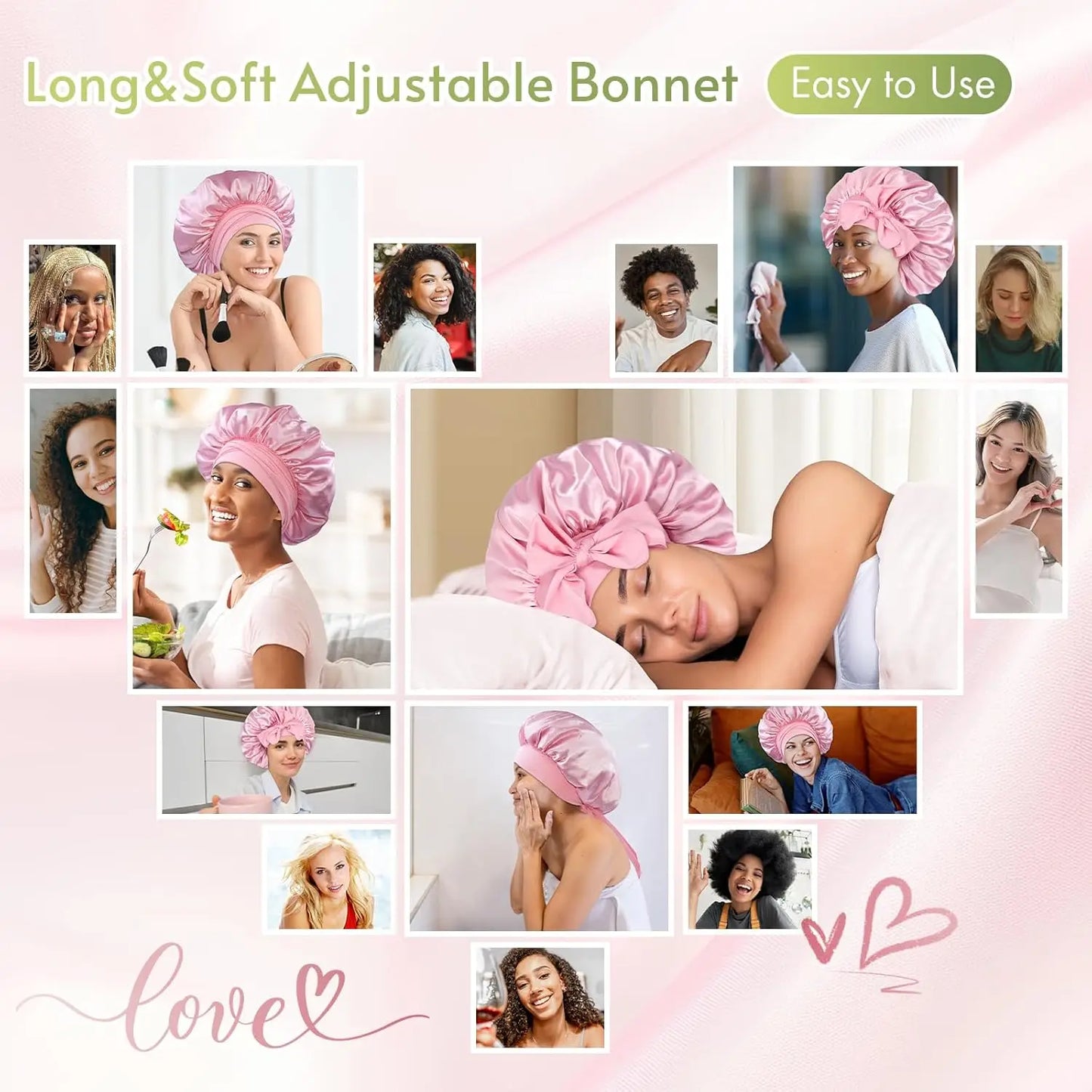 Satin Silk Bonnet for Sleeping – Adjustable Tie Band Hair Bonnet for Women & Men