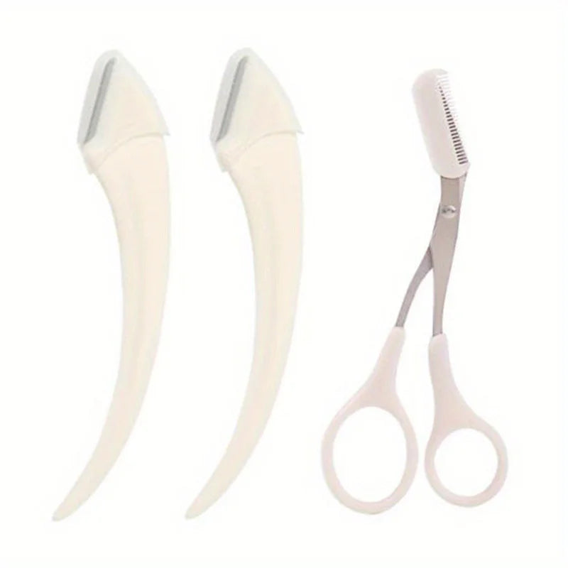 Curved Eyebrow Razor & Trimmer Set — Scissors Comb Brow Shaping Kit