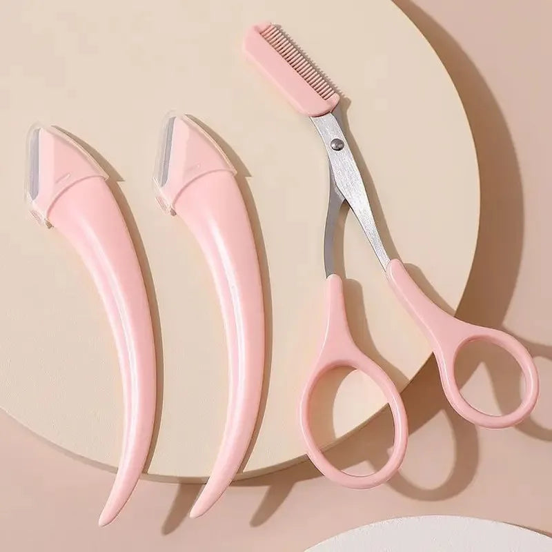 Curved Eyebrow Razor & Trimmer Set — Scissors Comb Brow Shaping Kit