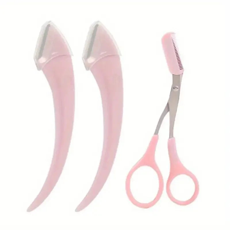 Curved Eyebrow Razor & Trimmer Set — Scissors Comb Brow Shaping Kit